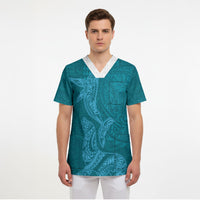 Hawaiian Monk Seal and Whale Scrub Top Kakau Tribal Pattern Teal Color