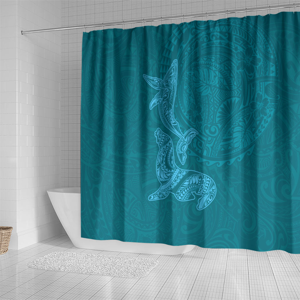 Hawaiian Monk Seal and Whale Shower Curtain Kakau Tribal Pattern Teal Color