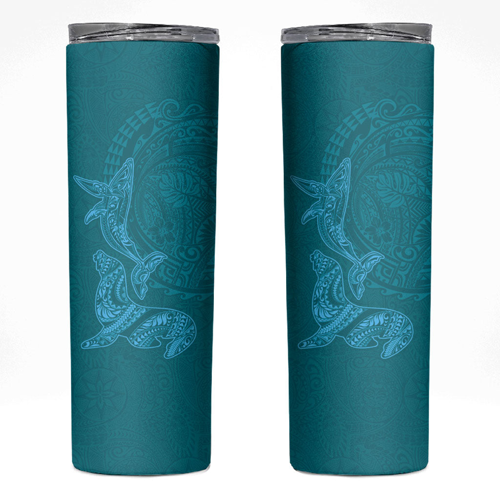 Hawaiian Monk Seal and Whale Skinny Tumbler Kakau Tribal Pattern Teal Color