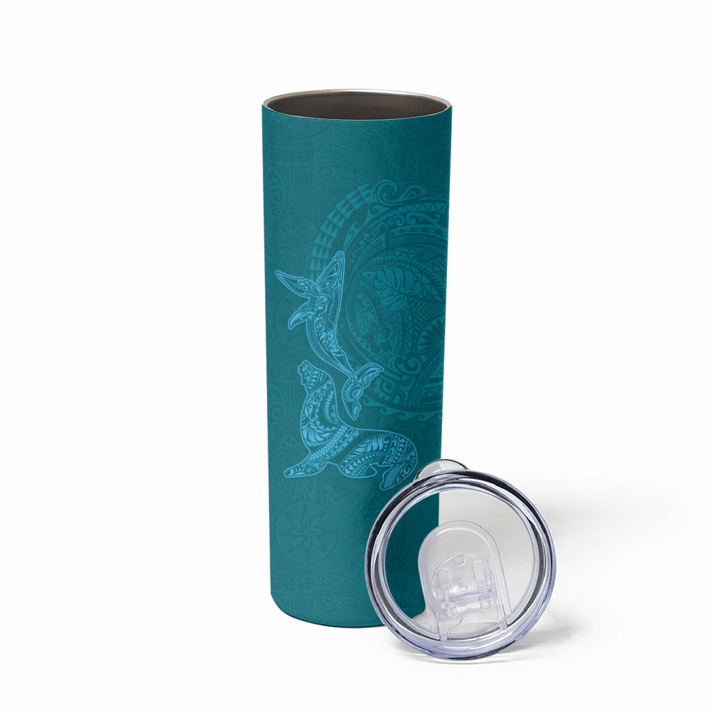 Hawaiian Monk Seal and Whale Skinny Tumbler Kakau Tribal Pattern Teal Color