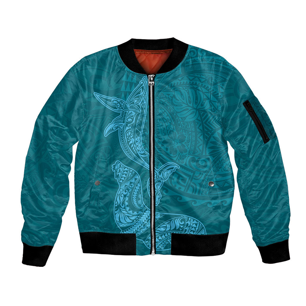Hawaiian Monk Seal and Whale Sleeve Zip Bomber Jacket Kakau Tribal Pattern Teal Color