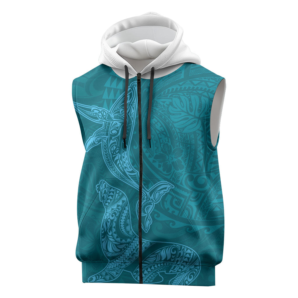 Hawaiian Monk Seal and Whale Sleeveless Zip Hoodie Kakau Tribal Pattern Teal Color LT03 Teal - Polynesian Pride