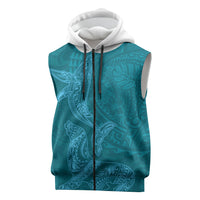 Hawaiian Monk Seal and Whale Sleeveless Zip Hoodie Kakau Tribal Pattern Teal Color LT03 Teal - Polynesian Pride
