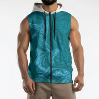 Hawaiian Monk Seal and Whale Sleeveless Zip Hoodie Kakau Tribal Pattern Teal Color LT03 - Polynesian Pride