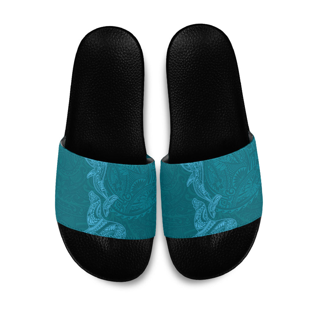 Hawaiian Monk Seal and Whale Slide Sandals Kakau Tribal Pattern Teal Color LT03 Teal - Polynesian Pride