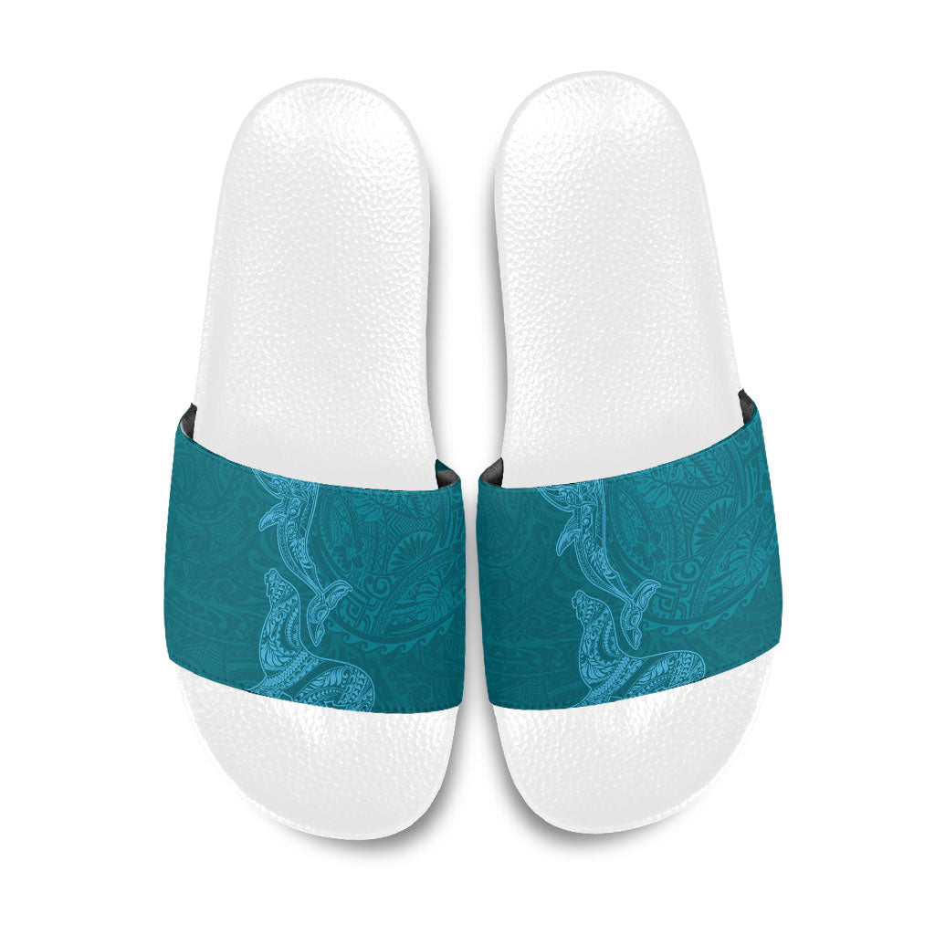 Hawaiian Monk Seal and Whale Slide Sandals Kakau Tribal Pattern Teal Color LT03 Teal - Polynesian Pride