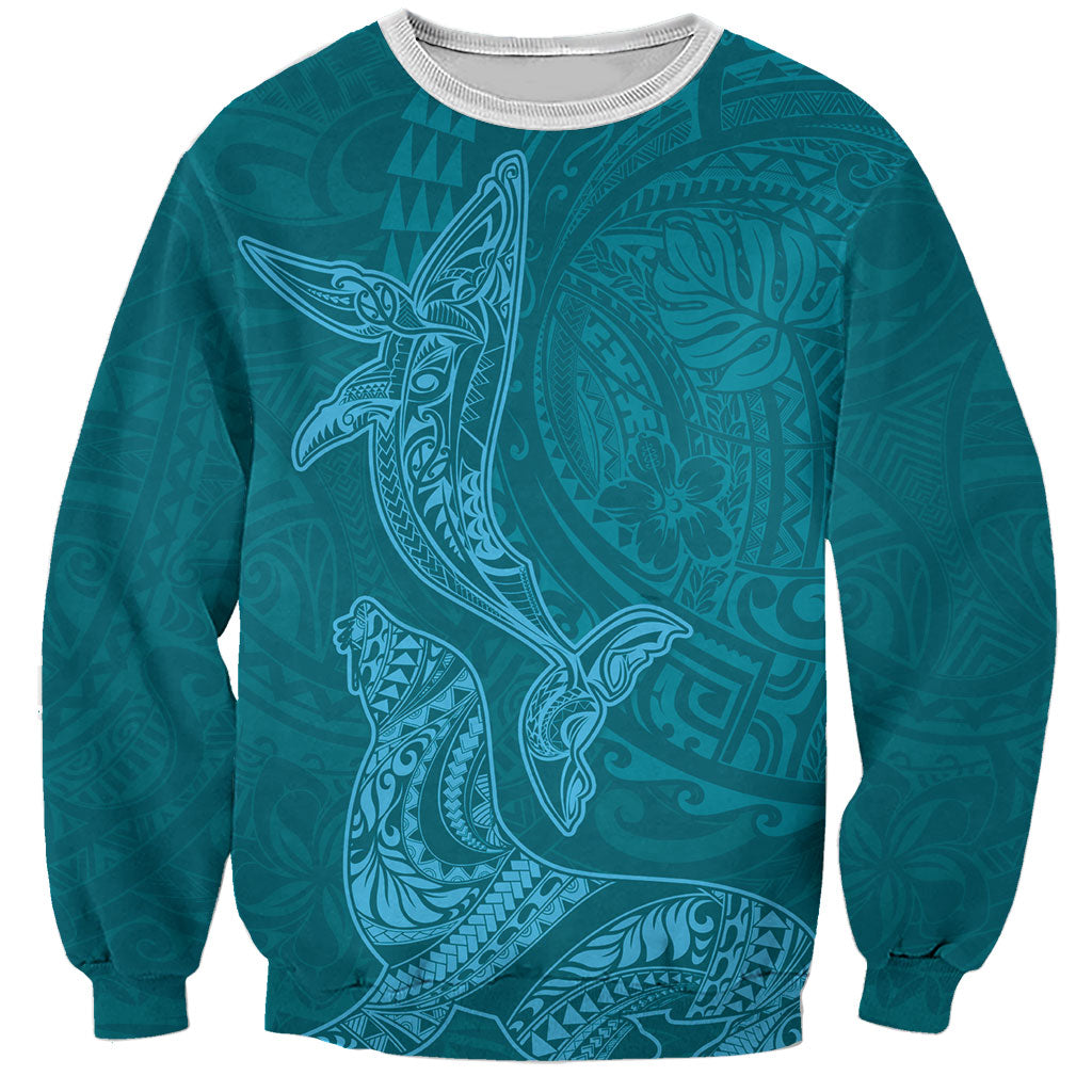 Hawaiian Monk Seal and Whale Sweatshirt Kakau Tribal Pattern Teal Color