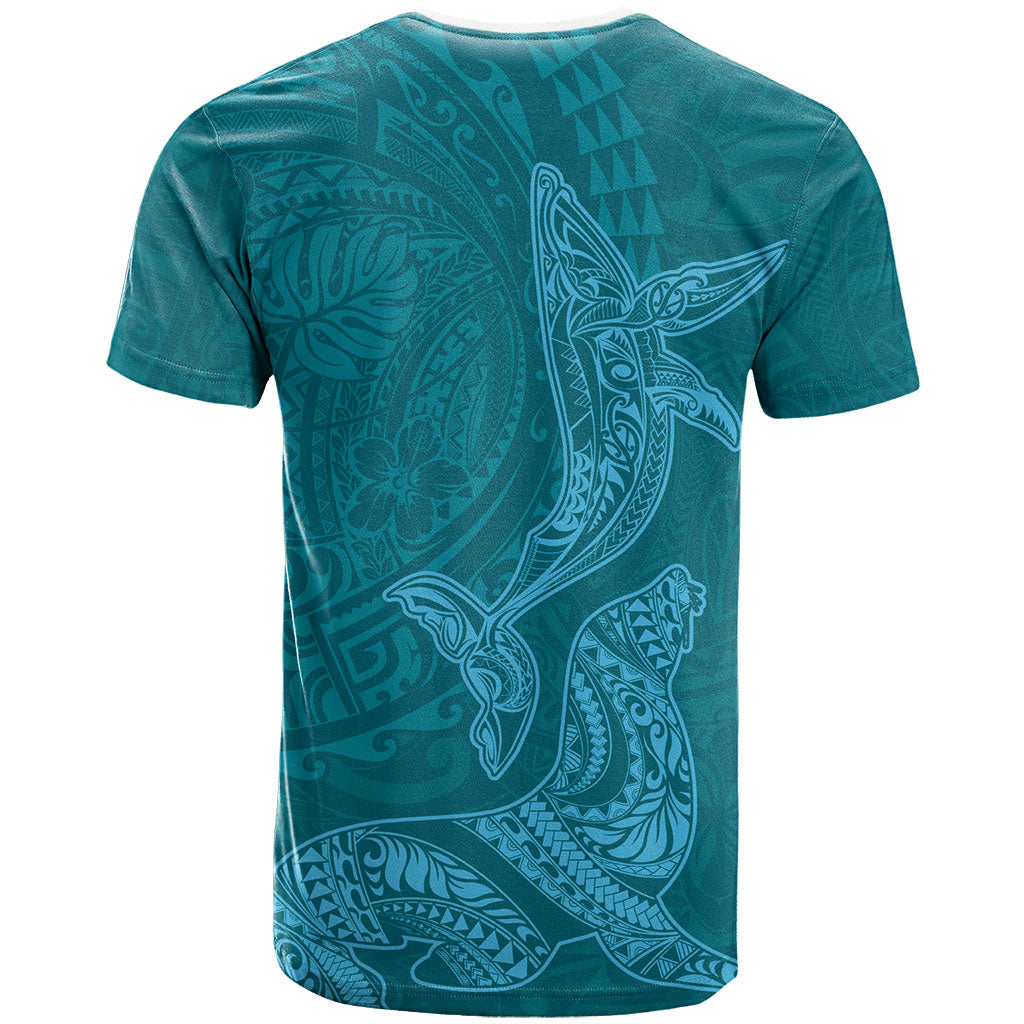 Hawaiian Monk Seal and Whale T Shirt Kakau Tribal Pattern Teal Color