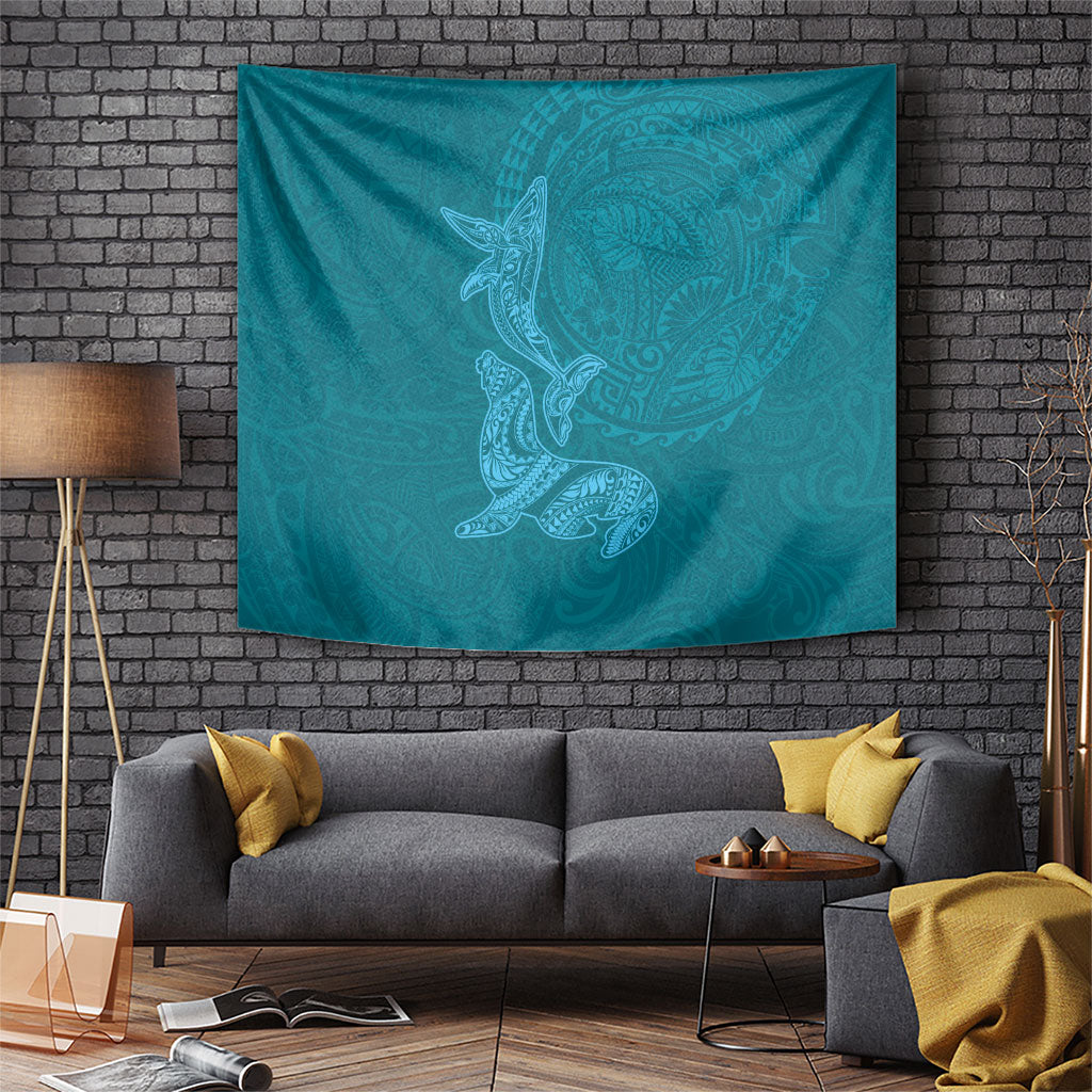 Hawaiian Monk Seal and Whale Tapestry Kakau Tribal Pattern Teal Color