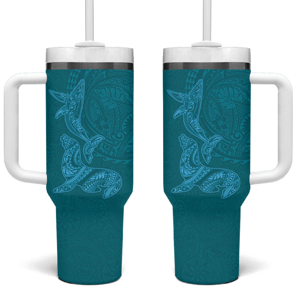 Hawaiian Monk Seal and Whale Tumbler With Handle Kakau Tribal Pattern Teal Color