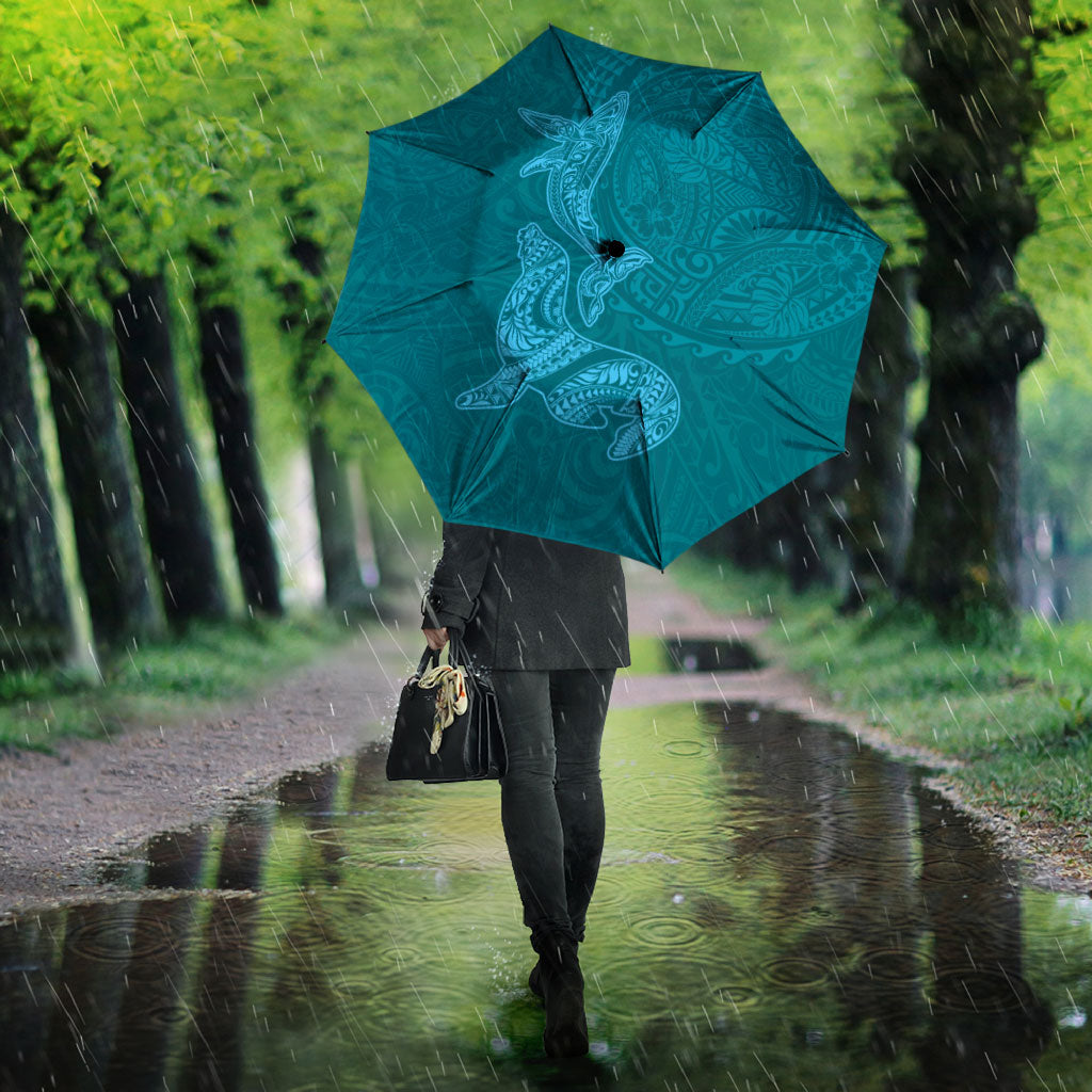 Hawaiian Monk Seal and Whale Umbrella Kakau Tribal Pattern Teal Color
