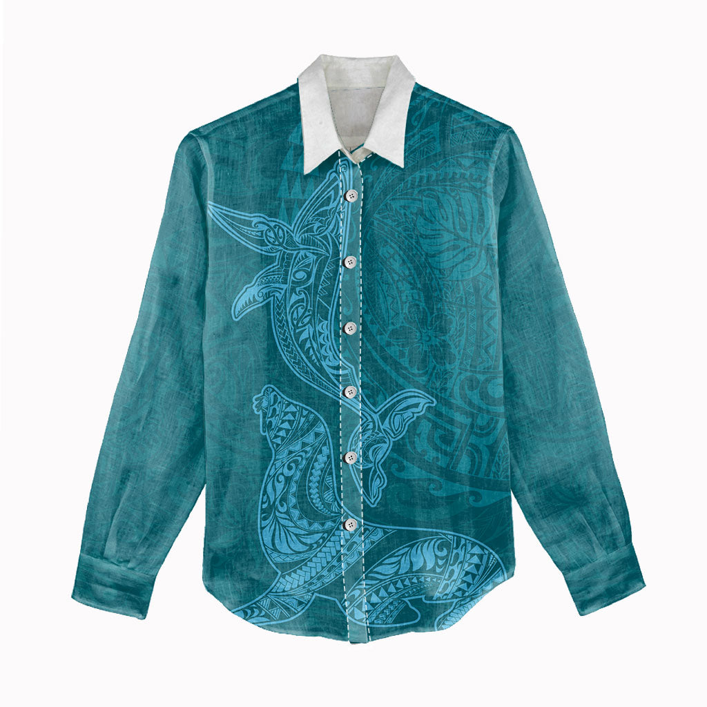 Hawaiian Monk Seal and Whale Women Casual Shirt Kakau Tribal Pattern Teal Color LT03 - Polynesian Pride