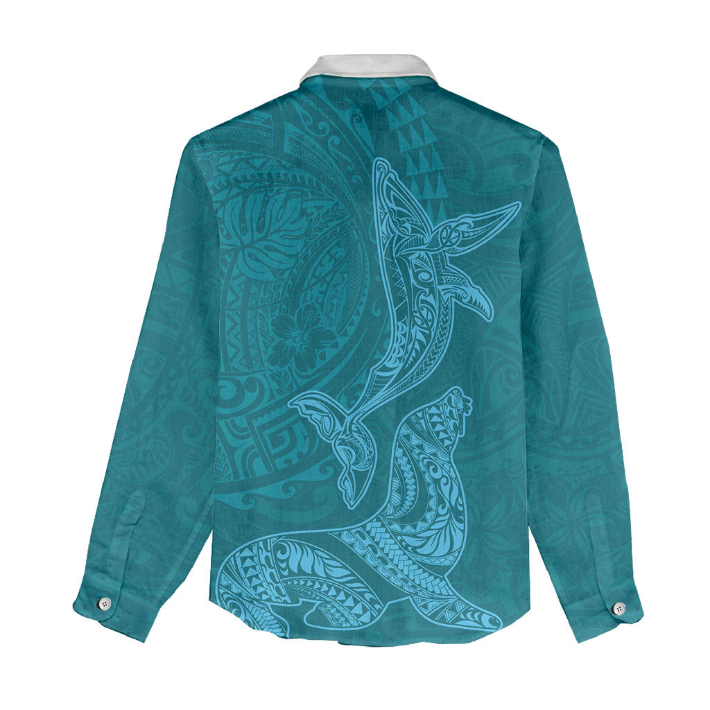 Hawaiian Monk Seal and Whale Women Casual Shirt Kakau Tribal Pattern Teal Color LT03 - Polynesian Pride