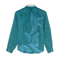 Hawaiian Monk Seal and Whale Women Casual Shirt Kakau Tribal Pattern Teal Color LT03 - Polynesian Pride