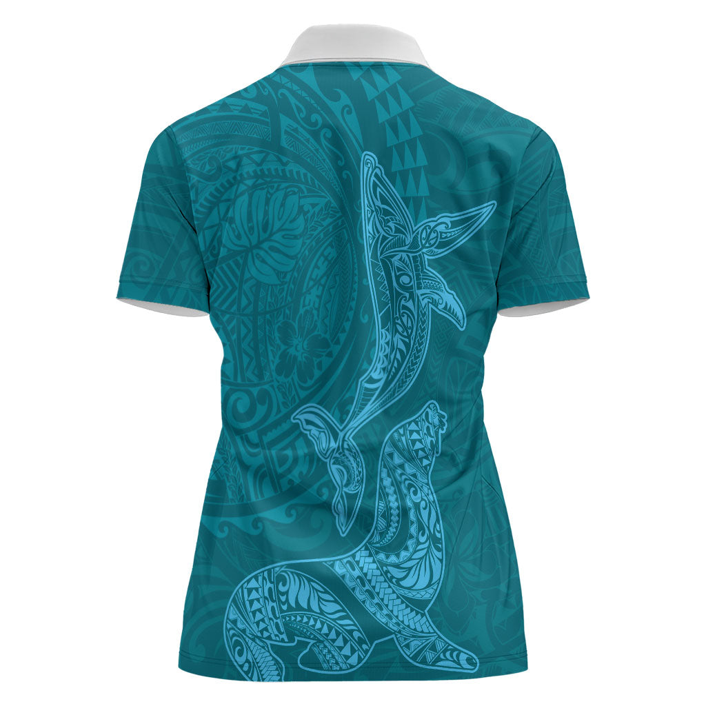 Hawaiian Monk Seal and Whale Women Polo Shirt Kakau Tribal Pattern Teal Color