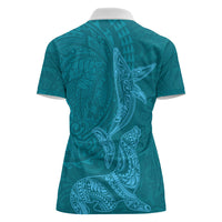 Hawaiian Monk Seal and Whale Women Polo Shirt Kakau Tribal Pattern Teal Color