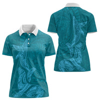 Hawaiian Monk Seal and Whale Women Polo Shirt Kakau Tribal Pattern Teal Color