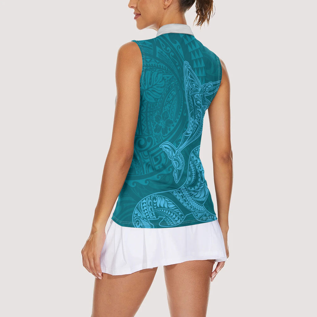 Hawaiian Monk Seal and Whale Women Sleeveless Polo Shirt Kakau Tribal Pattern Teal Color