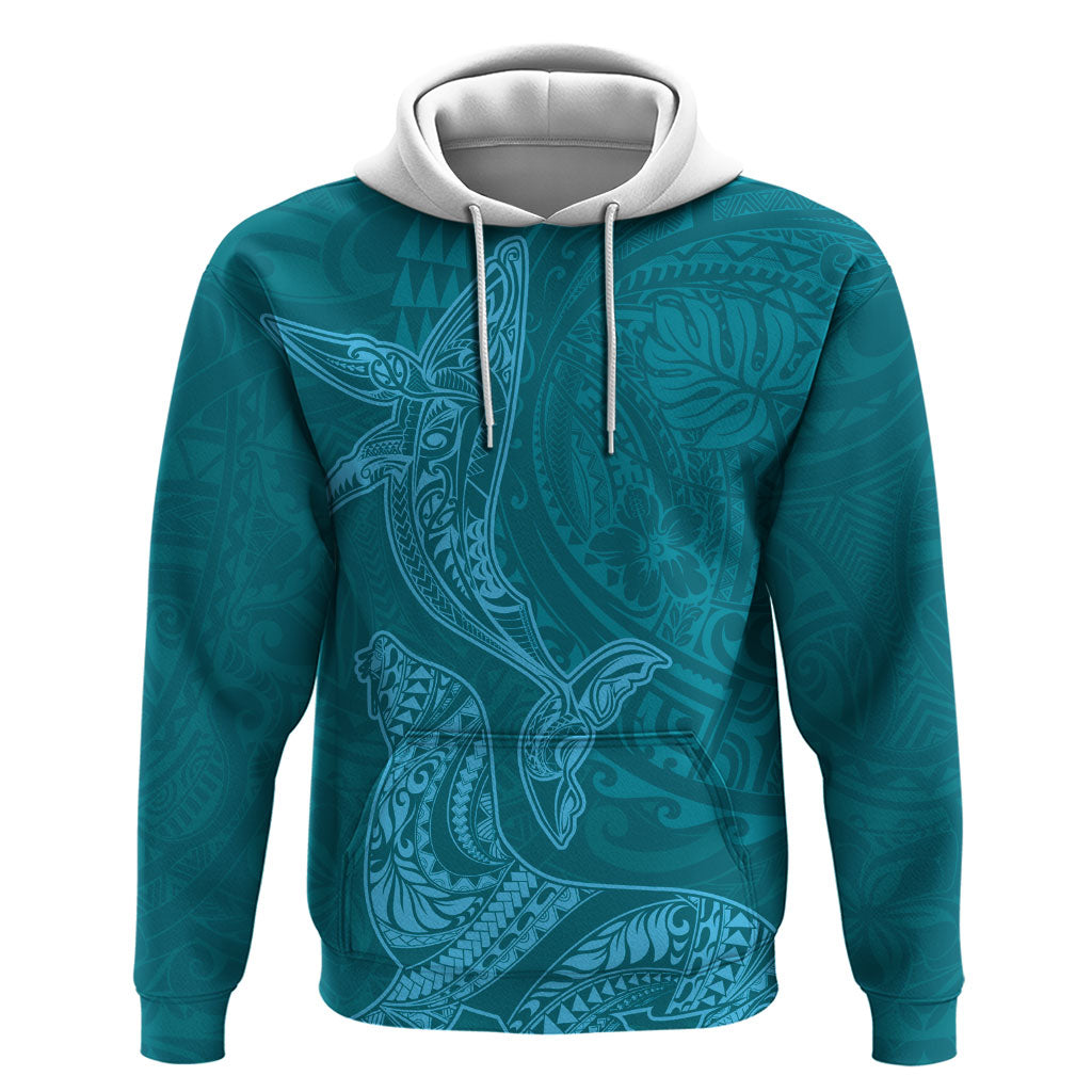 Hawaiian Monk Seal and Whale Zip Hoodie Kakau Tribal Pattern Teal Color