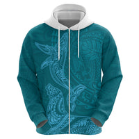 Hawaiian Monk Seal and Whale Zip Hoodie Kakau Tribal Pattern Teal Color