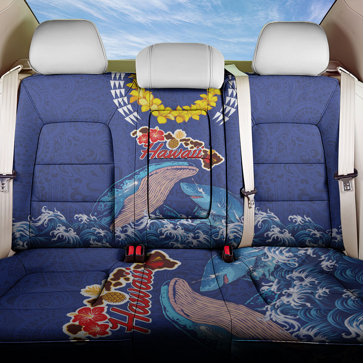 Hawaiian Sea Animals Back Car Seat Cover Whales Shark and Turtle Guardians with Tribal Pattern