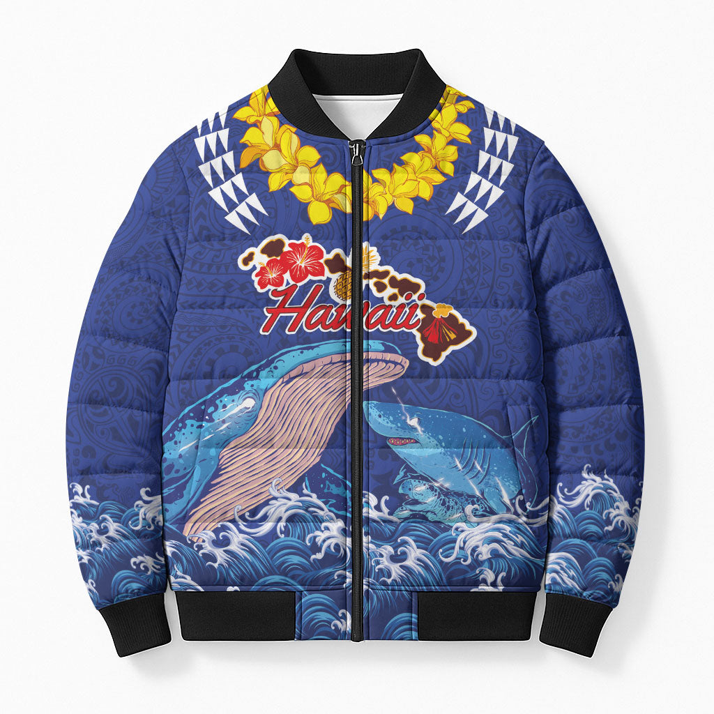 Hawaiian Sea Animals Bomber Puffer Jacket Whales Shark and Turtle Guardians with Tribal Pattern LT03 Unisex Blue - Polynesian Pride