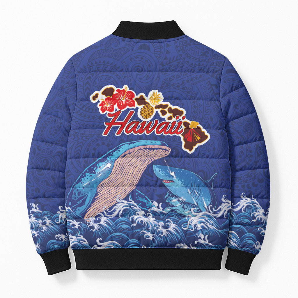 Hawaiian Sea Animals Bomber Puffer Jacket Whales Shark and Turtle Guardians with Tribal Pattern LT03 - Polynesian Pride
