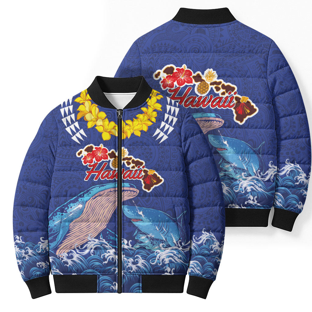 Hawaiian Sea Animals Bomber Puffer Jacket Whales Shark and Turtle Guardians with Tribal Pattern LT03 - Polynesian Pride
