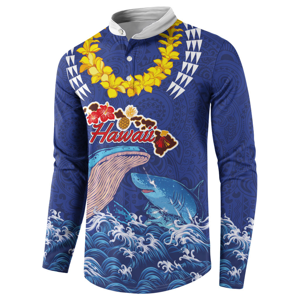 Hawaiian Sea Animals Button Sweatshirt Whales Shark and Turtle Guardians with Tribal Pattern