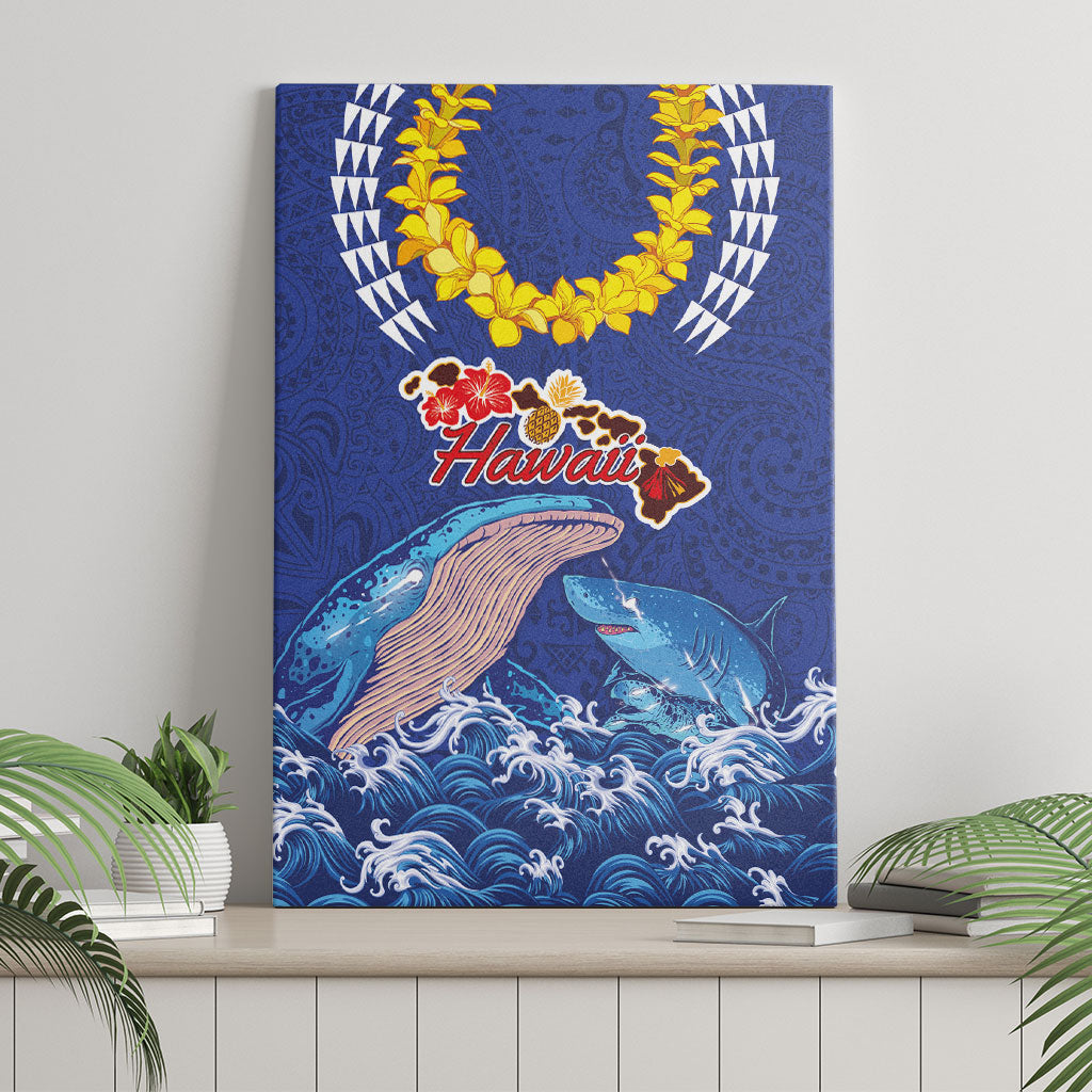 Hawaiian Sea Animals Canvas Wall Art Whales Shark and Turtle Guardians with Tribal Pattern