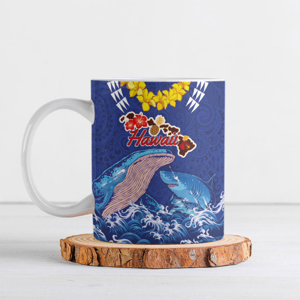 Hawaiian Sea Animals Ceramic Mug Whales Shark and Turtle Guardians with Tribal Pattern