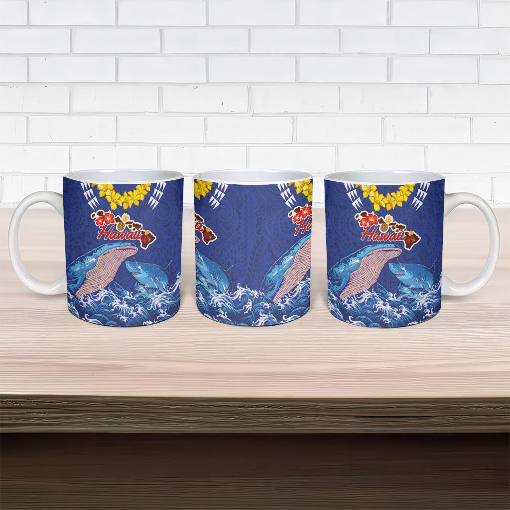 Hawaiian Sea Animals Ceramic Mug Whales Shark and Turtle Guardians with Tribal Pattern
