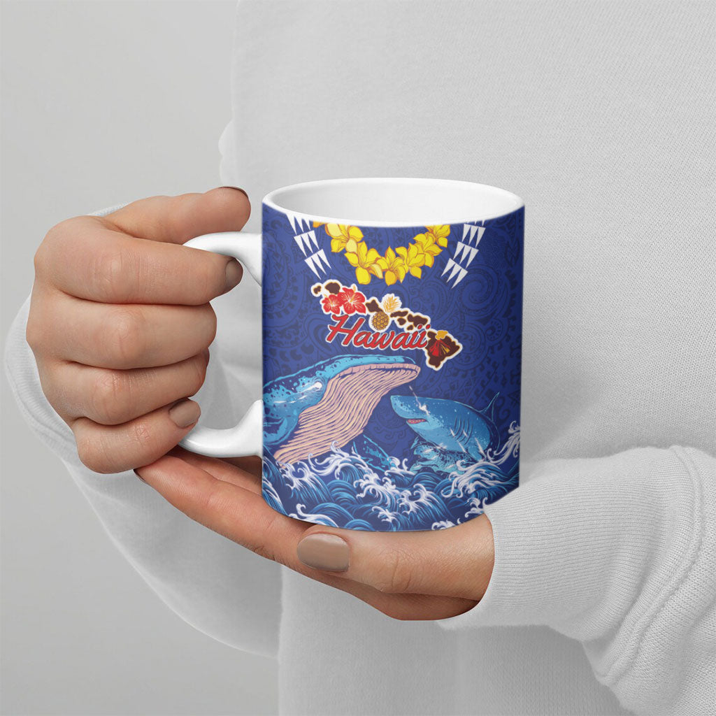 Hawaiian Sea Animals Ceramic Mug Whales Shark and Turtle Guardians with Tribal Pattern