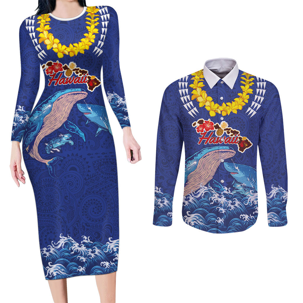 Hawaiian Sea Animals Couples Matching Long Sleeve Bodycon Dress and Long Sleeve Button Shirt Whales Shark and Turtle Guardians with Tribal Pattern