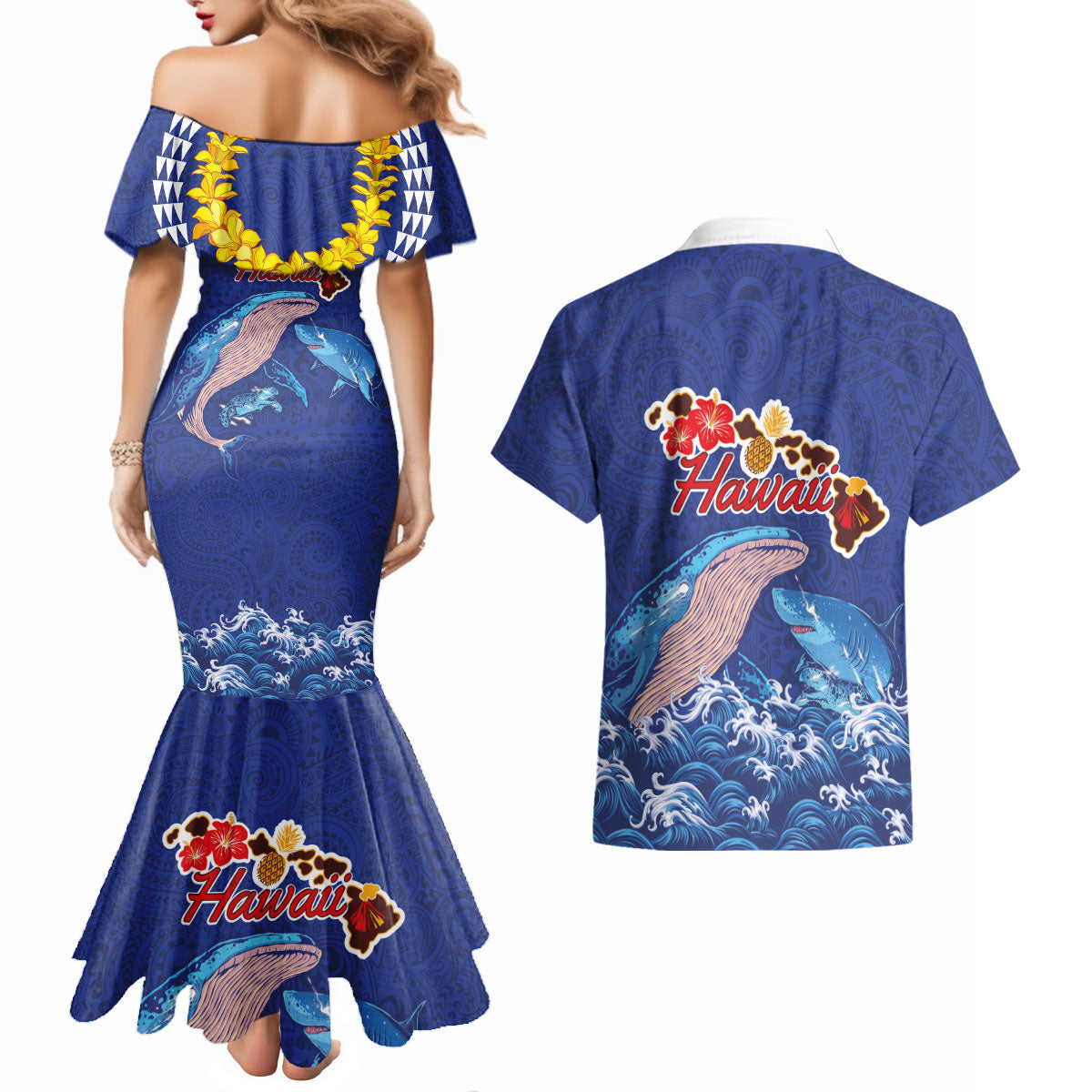 Hawaiian Sea Animals Couples Matching Mermaid Dress and Hawaiian Shirt Whales Shark and Turtle Guardians with Tribal Pattern