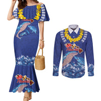 Hawaiian Sea Animals Couples Matching Mermaid Dress and Long Sleeve Button Shirt Whales Shark and Turtle Guardians with Tribal Pattern