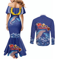 Hawaiian Sea Animals Couples Matching Mermaid Dress and Long Sleeve Button Shirt Whales Shark and Turtle Guardians with Tribal Pattern