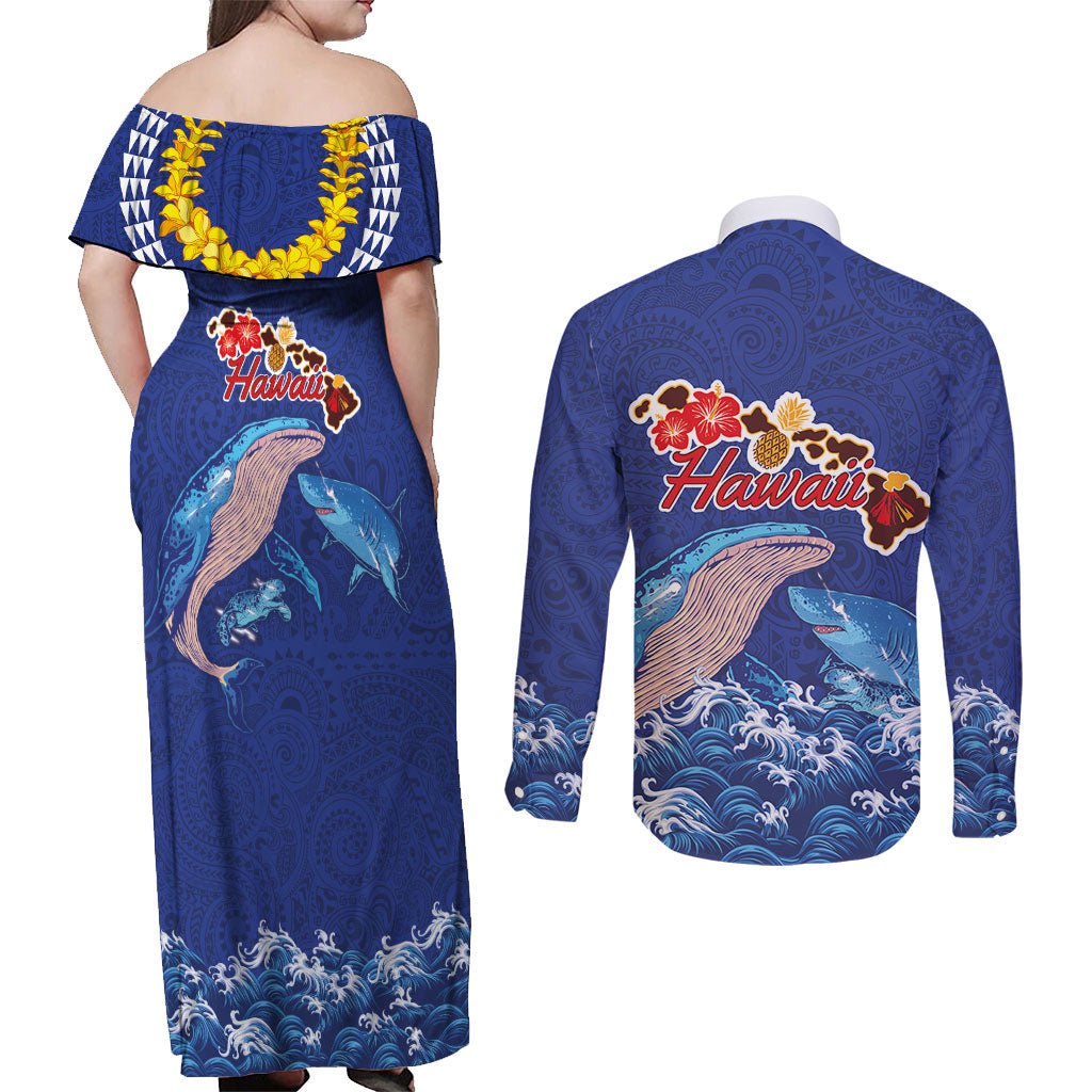 Hawaiian Sea Animals Couples Matching Off Shoulder Maxi Dress and Long Sleeve Button Shirt Whales Shark and Turtle Guardians with Tribal Pattern