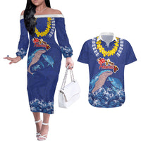 Hawaiian Sea Animals Couples Matching Off The Shoulder Long Sleeve Dress and Hawaiian Shirt Whales Shark and Turtle Guardians with Tribal Pattern