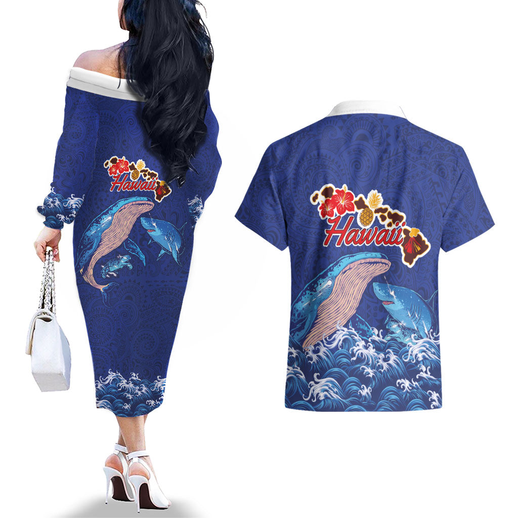 Hawaiian Sea Animals Couples Matching Off The Shoulder Long Sleeve Dress and Hawaiian Shirt Whales Shark and Turtle Guardians with Tribal Pattern