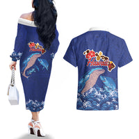 Hawaiian Sea Animals Couples Matching Off The Shoulder Long Sleeve Dress and Hawaiian Shirt Whales Shark and Turtle Guardians with Tribal Pattern