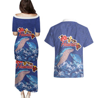 Hawaiian Sea Animals Couples Matching Puletasi and Hawaiian Shirt Whales Shark and Turtle Guardians with Tribal Pattern