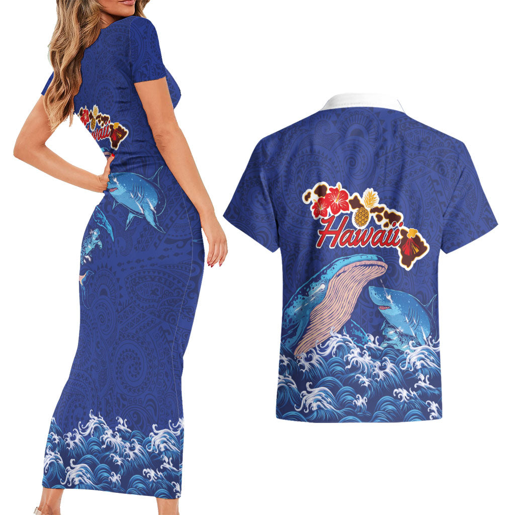 Hawaiian Sea Animals Couples Matching Short Sleeve Bodycon Dress and Hawaiian Shirt Whales Shark and Turtle Guardians with Tribal Pattern