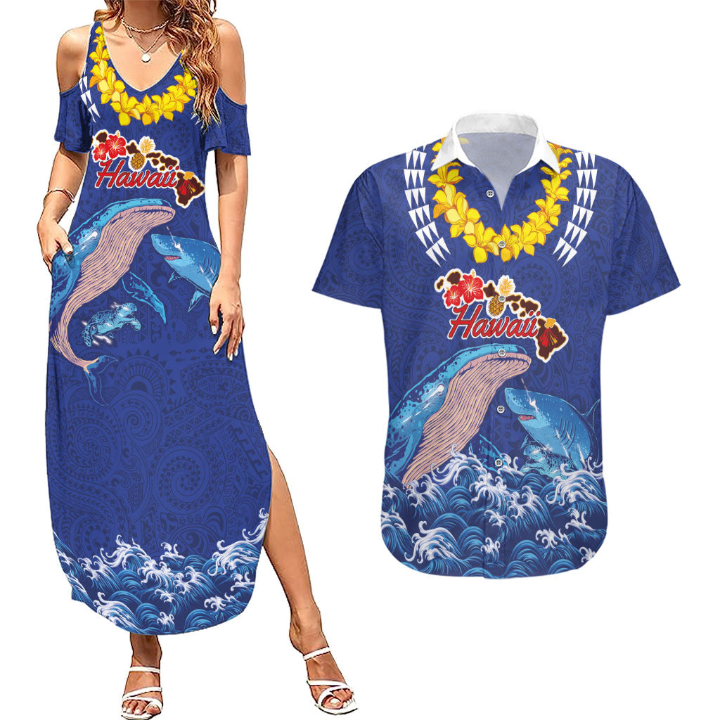 Hawaiian Sea Animals Couples Matching Summer Maxi Dress and Hawaiian Shirt Whales Shark and Turtle Guardians with Tribal Pattern