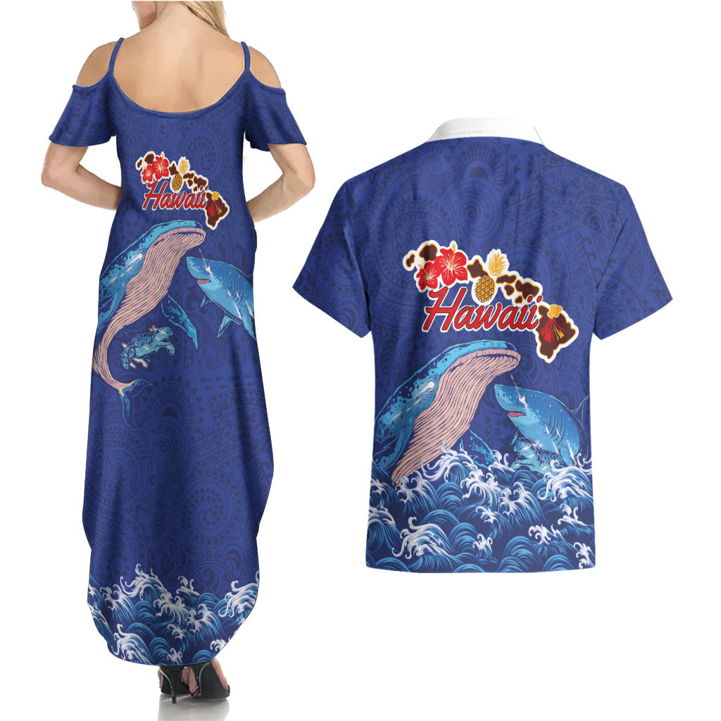 Hawaiian Sea Animals Couples Matching Summer Maxi Dress and Hawaiian Shirt Whales Shark and Turtle Guardians with Tribal Pattern