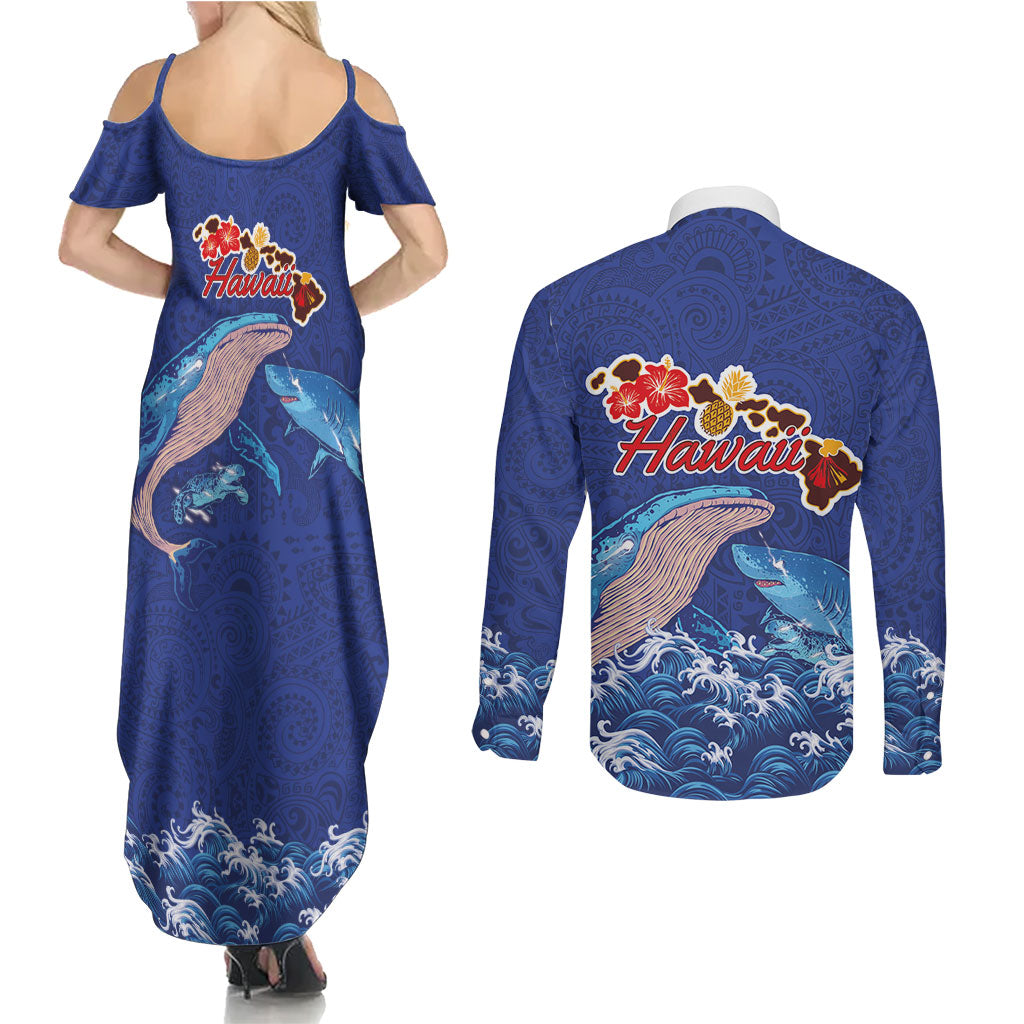 Hawaiian Sea Animals Couples Matching Summer Maxi Dress and Long Sleeve Button Shirt Whales Shark and Turtle Guardians with Tribal Pattern