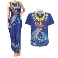 Hawaiian Sea Animals Couples Matching Tank Maxi Dress and Hawaiian Shirt Whales Shark and Turtle Guardians with Tribal Pattern