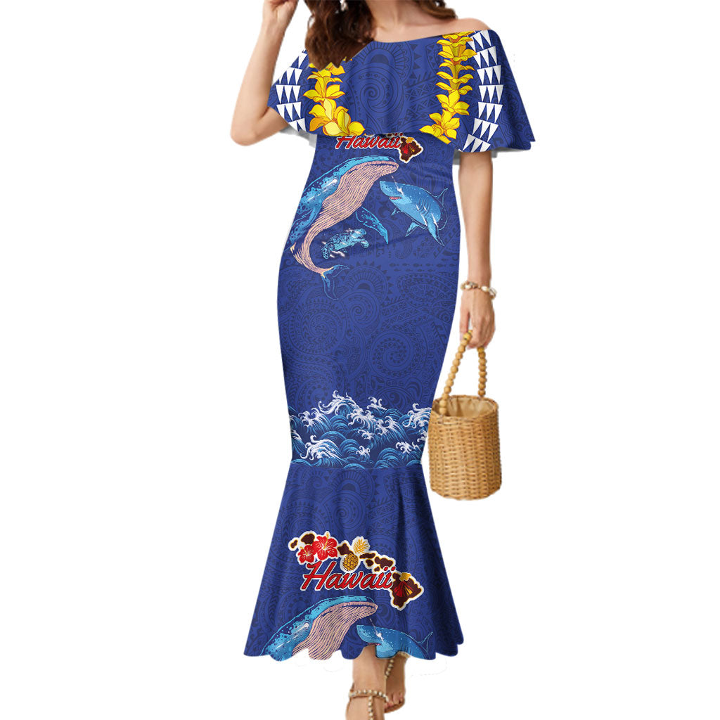 Hawaiian Sea Animals Family Matching Mermaid Dress and Hawaiian Shirt Whales Shark and Turtle Guardians with Tribal Pattern