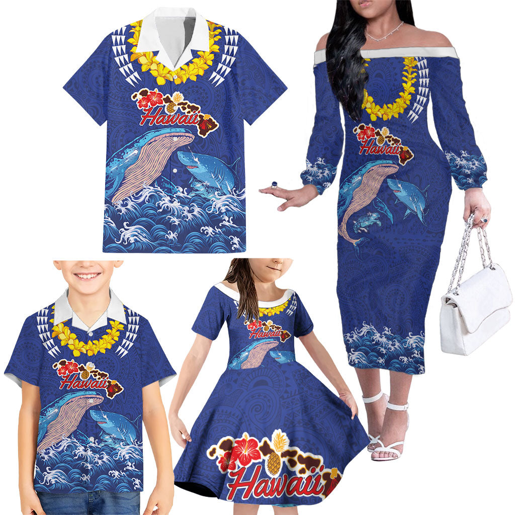 Hawaiian Sea Animals Family Matching Off The Shoulder Long Sleeve Dress and Hawaiian Shirt Whales Shark and Turtle Guardians with Tribal Pattern