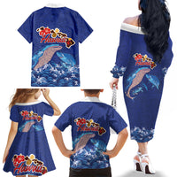 Hawaiian Sea Animals Family Matching Off The Shoulder Long Sleeve Dress and Hawaiian Shirt Whales Shark and Turtle Guardians with Tribal Pattern